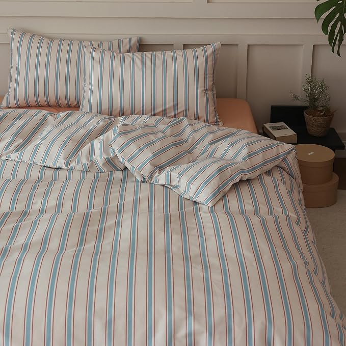 LifeTB Full Comforter Set Blue Brown Striped Comforter Set, 3 Pieces Retro Stripes Pattern Printed Comforter with 2 Pillowcases, Lightweight Fluffy Soft Breathable Striped Bedding Set for All Seasons