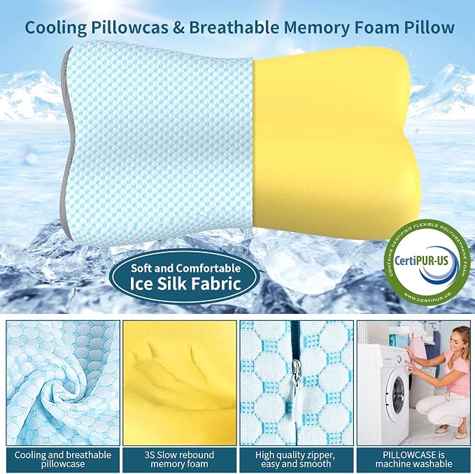 Cervical Neck Pillow for Pain Relief, Contour Memory Foam Pillows for Sleeping, Ergonomic Pillow Orthopedic Cooling Pillow Bed Pillow Neck Support for Side Back Stomach Sleepers(Light Blue)