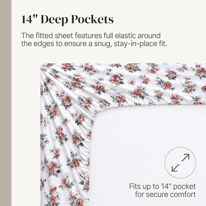 Modern Threads Printed 4-Piece Extra Soft Bedding Sheets & Pillowcase Set, Deep Pocket up to 16 inch Mattress Rose Bloom Queen