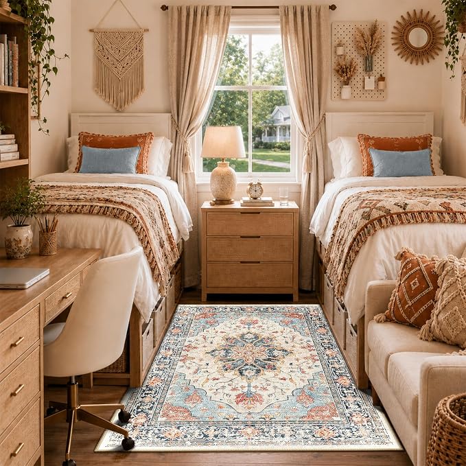 RELEANY Washable Area Rug, 5'x7', Beige/Blue/Orange | Non-Slip, Water Repellent, Pet Friendly, Easy to Clean, Vintage Floral Boho Decor for Living Room Bedroom Dining Room Office