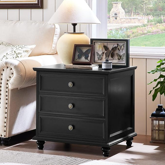 Joaxswe 24" Wide Farmhouse Night Stand,Large End Table with 3 Drawers & Metal Handle,Black Dresser for Bedroom, Bed Side Table Chest of Drawers Cabinet,Wood Nightstand for Living Room,Closet