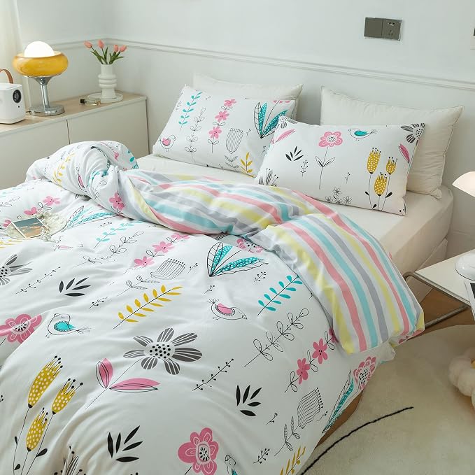 mixinni Girls Flower Leaves Pattern on White Duvet Cover Twin Size Colorful Striped Bedding Comforter Cover Set with Zipper Closure 4 Corner Ties for Teenage Girls (1 Duvet Cover + 2 Pillowcases)
