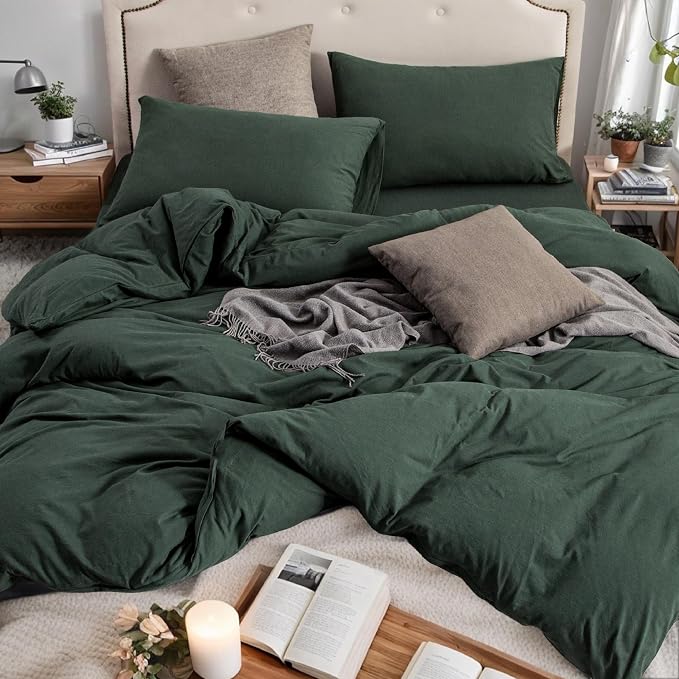 PURE ERA Jersey Knit Sheet Set Solid Forest Green California King | 100% Cotton, 3 Piece Set, T Shirt Soft, Breathable, Envelope Closure Pillowcases, Hidden Zipper, 8 Ties, No Insert, Modern