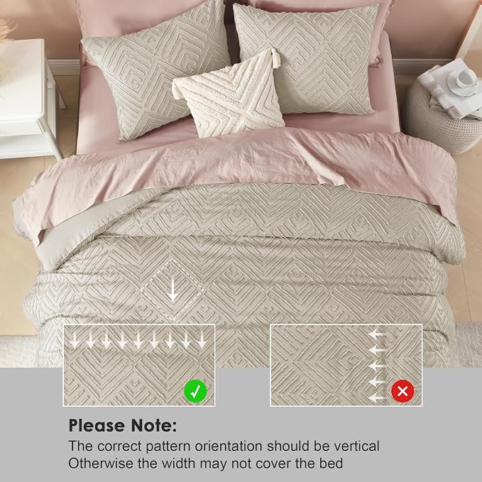 Litanika Queen Size Comforter Set, 3 Pieces Oatmeal Tufted Boho Bedding Set | Farmhouse Shabby Chic Vintage Bohemian Textured Aesthetic Soft Fluffy Lightweight Breathable All Season Bed Set for Queen Bed