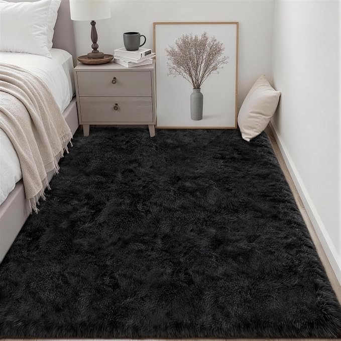 Area Rug Living Room Bedroom: 6x9 Fluffy Plush Shag Carpet Black | For Kids Room Playroom Nursery Home Decor,Ultra Soft,Non-Slip Non-Shedding,Fuzzy Plush,Large Indoor Floor Carpet,Easy Clean