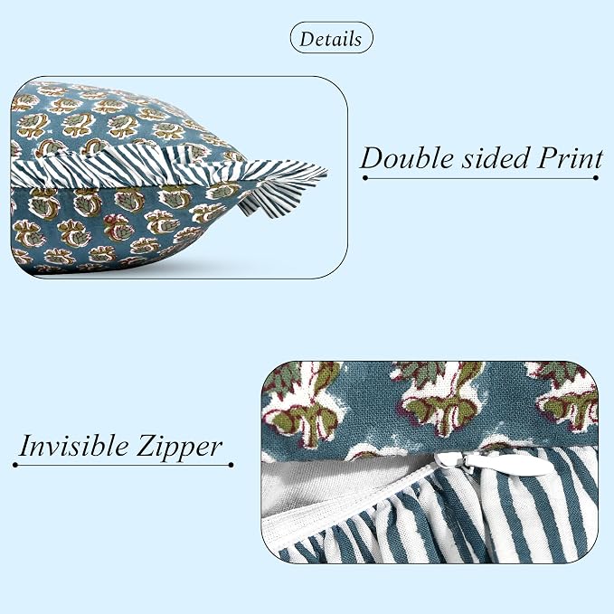 Ridhi Block Print Peacock Blue Ruffle Lumbar Pillow Shams, 14" x 36" Set-1 | 100% cotton, Floral Pillowcase, Cushion Cover, Hidden Zipper, Cottagecore Bedding, farmhouse boho style, fits couch, sofa,Bed