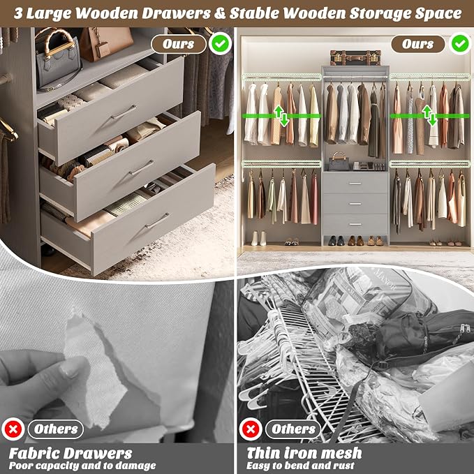 Aheaplus Closet System, 4.2-9Ft Closet Organizer with with 4 Rods, Grey | for Walk in Closet, Wardrobe Clothes Rack with Wooden Drawers, Garment Rack