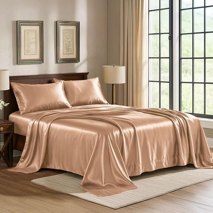 Satin Sheets King [4-Piece, Rose Gold] Hotel Luxury Silky Bed Sheets - Extra Soft 1800 Microfiber Sheet Set, Wrinkle, Fade, Stain Resistant - Deep Pocket Fitted Sheet, Flat Sheet, Pillow Cases