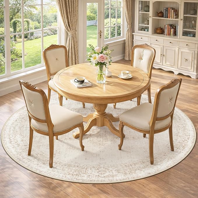 Round Rugs 6ft Washable Rug, Vintage Boho Medallion Rugs Non-Slip Soft Low Pile Circle Distressed Rug Indoor Retro Carpet for Living Room Bedroom Dining Room Home Office (Beige, 6' Round)