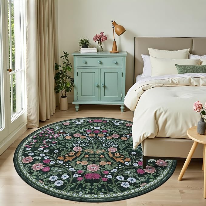 PLHXFR Round Area Rug Living Room: 6 ft Floral Washable Carpet Dark Green | For Bedroom Dining Room Farmhouse Nursery Hallway,Vintage Floral,Machine washable,Non Slip,Stain Resistant,Large Indoor