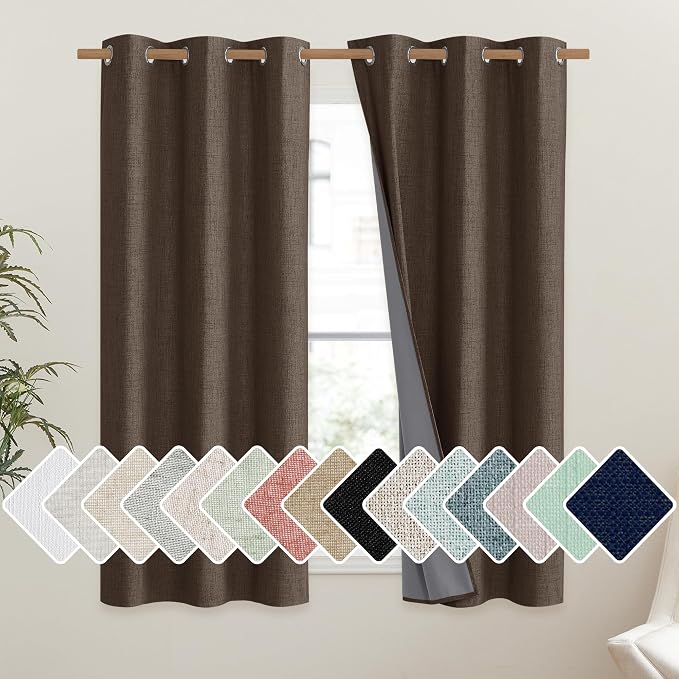 NICETOWN Coffee Vintage Linen 100% Blackout Curtains for Dining Room, Thermal Insulated Curtains 54" Long, Noise Reducing Window Treatment Drapes for Kitchen, 42" Wide Per Panel, Set of 2