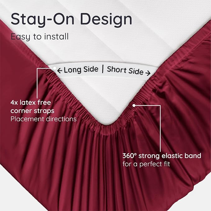 Bambaw 100% Viscose Derived from Bamboo Fitted Sheet Twin XL - Single Fitted Sheet Twin XL, Cooling, Soft & Breathable, Deep Pocket Fits Up to 15" Mattresses, Secure Fit with Elastic Straps (Burgundy)