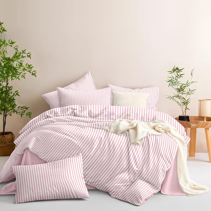 Nayoroom Pink White Striped Duvet Cover Set Full | Coquette Modern Farmhouse, Dorm Bedding, Soft Breathable Washed Microfiber, All-Season Comfort, Hidden Zipper, 4 Corner Ties