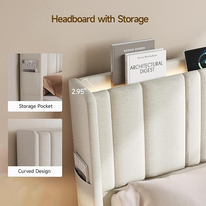 ONBRILL King Size Headboard with Storage, LED Light, Off White | Linen Vertical Wingback Headboard w/ Charging Station, Upholstered Head Board w/ High-Density Foam Padding, 2 Storage Pockets