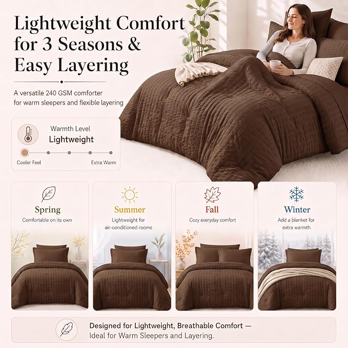Queen Comforter Set, 7 Pieces Brown Seersucker Bed in a Bag | OEKO-TEX Certified, All Season Bedding Set with 240 GSM Down Alternative Comforter, Flat & Fitted Sheets, Pillowcases & Shams