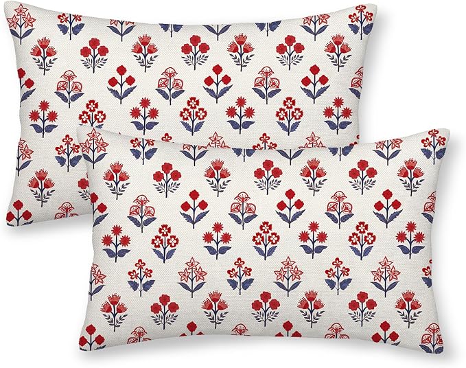 4th of July Pillow Covers 12x20 Inch 2 Pcs Red Blue Block Print Vintage Floral Patriotic Outdoor Decor Throw Pillows Memorial Day Holiday Decoration Pillowcase Linen Cushion Cover for Couch