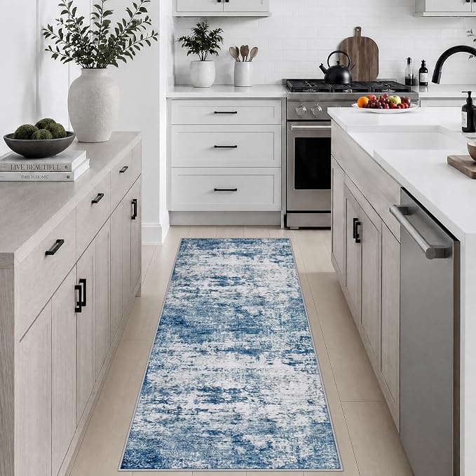 2x5 Washable Runner Rug：Modern Abstract Kitchen Soft Carpet Blue | For Hallway, Bedroom, Kitchen, Laundry, Bathroom,Door Mat,Modern Abstract,Machine washable,Non-Slip,Stain Resistant,Indoor