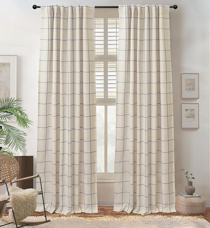 DriftAway 100% Blackout Plaid Curtains 108 Inches Long 2 Panels Navy Blue | 100% Blackout, Linen Texture, Plaid Pattern, Two Layers, Rod Pocket & Back Tab, Bedroom Living Room Use, Luxury Appearance