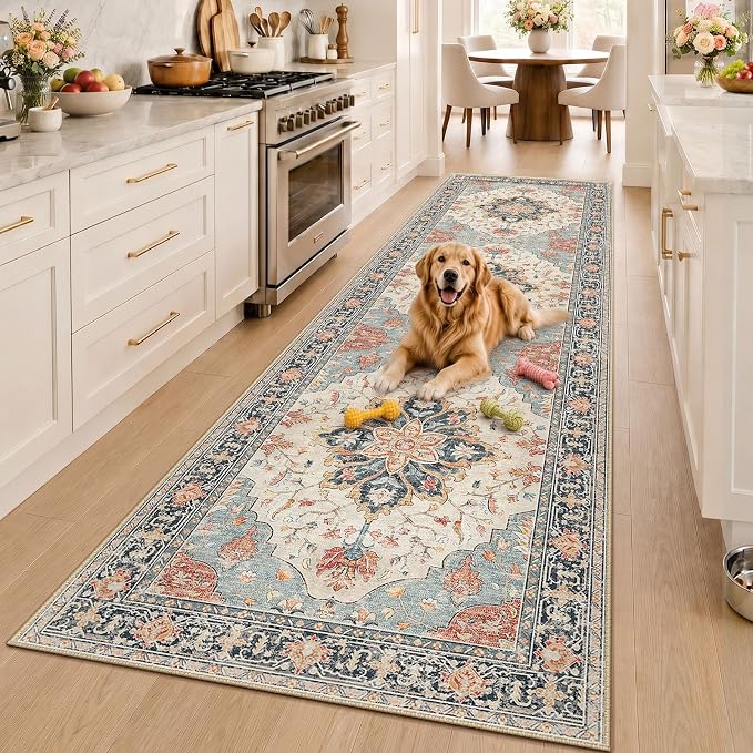 RELEANY Washable Area Rug, Runner 3'x10', Beige/Blue/Orange | Non-Slip, Water Repellent, Pet Friendly, Easy to Clean, Vintage Floral Boho Decor for Kitchen Hallway Laundry Living Room