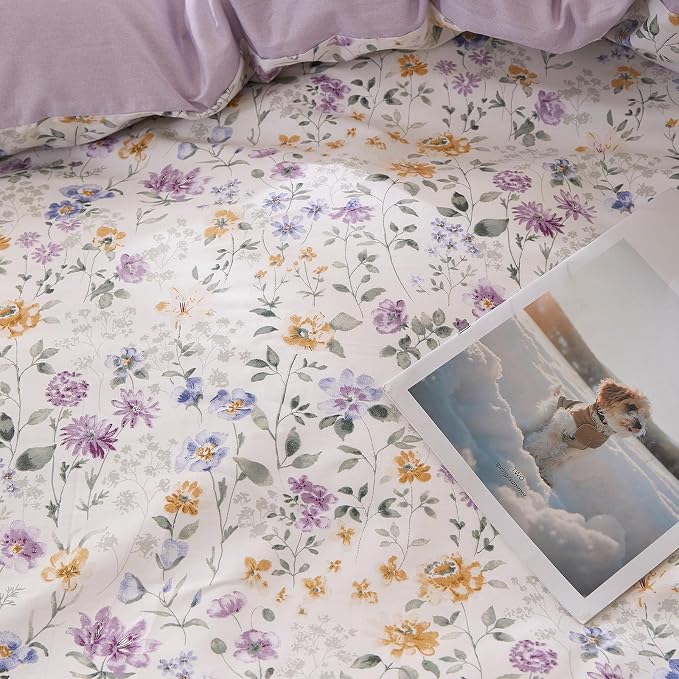 mixinni Floral Duvet Cover Set Twin Size, 100% Cotton 3-Piece Bedding Set with Ruffled Lace, Reversible Lavender Wildflower Ruffle Design, Soft Aesthetic Cottagecore Duvet Cover with Zipper Closure