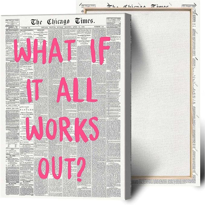 What If It All Works Out Poster Retro Newspaper Pink Font Canvas Wall Art Positive Affirming Quote Minimalist Prints Painting For Home Bedroom Dorm Wall Decor 24x36in Wframed