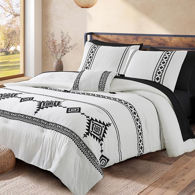 MaiRêve Embroidery King Size Comforter Set 7 Pieces White Bed in a Bag | Western Farmhouse Boho Bedding Sets with Comforter, Sheets, Pillowcases & Shams