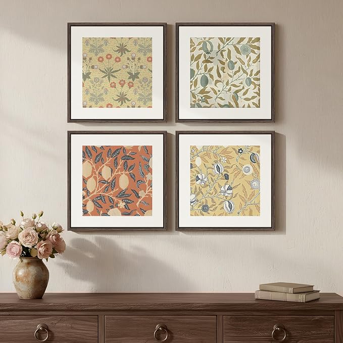 Framed William Morris Wall Art Set of 4, Vintage Botanical Floral Fruit Pattern Canvas Prints Artwork for Walls, Retro Natural Square Picture for Living Rooms Dining Room Hallway Wall Decor, 12x12 In