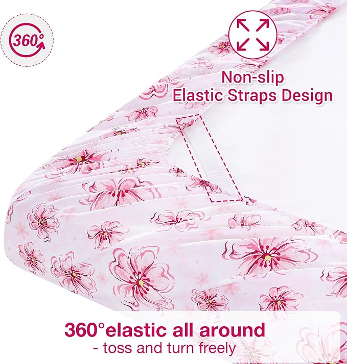 Softan Pink Floral Full Sheet Set, Cozy Printed Microfiber Bed Fitted Sheets with 15" Deep Pocket & Non-Slip Corner Straps, Girls Cherry Blossom Flower Patterned Double Sheets & Pillowcase Set