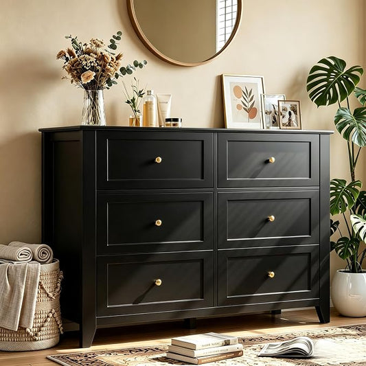 Garvee Black 6-Drawer Dresser for Bedroom, 41.7" L Entryway Storage Drawers | Modern Lacquered Chest of Drawers, 15.8"D x 41.7"W x 31.5"H, Storage Dresser with Deep Drawers for Hallway Entryway