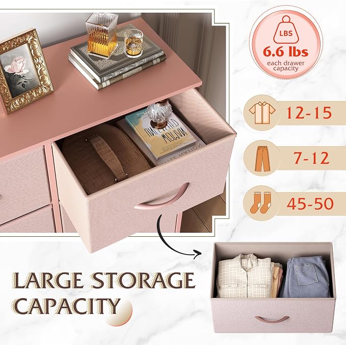 WLIVE Fabric Dresser for Bedroom, Tall Dresser with 8 Drawers, Storage Tower with Fabric Bins, Double Dresser, Chest of Drawers for Closet, Playroom, Dormitory, Pink and Rose Gold | Pink 8-drawer tall storage tower with fabric bins and wood tabletop, b...