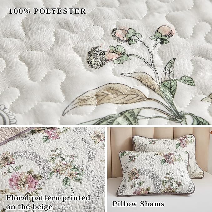 Flysheep 3 Pieces Quilt Set California King Size, Beige Floral Reversible Bedspread Coverlet Set, Soft Microfiber Lightweight Bed Cover for All Season (102" x 114", 1 Quilt+ 2 Pillow Shams)