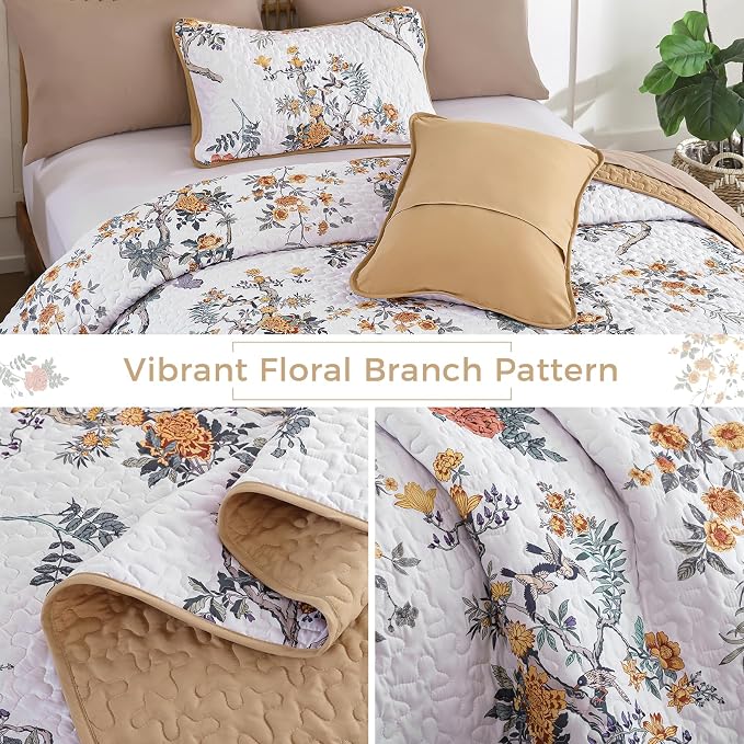 WONGS BEDDING Floral Quilt Set Queen, 3 Pcs Brown Orange Bedspread Coverlet | Spring Summer Floral Farmhouse Bedspread with 2 Shams,Soft Microfiber Lightweight Coverlet for All Season 96"×90"