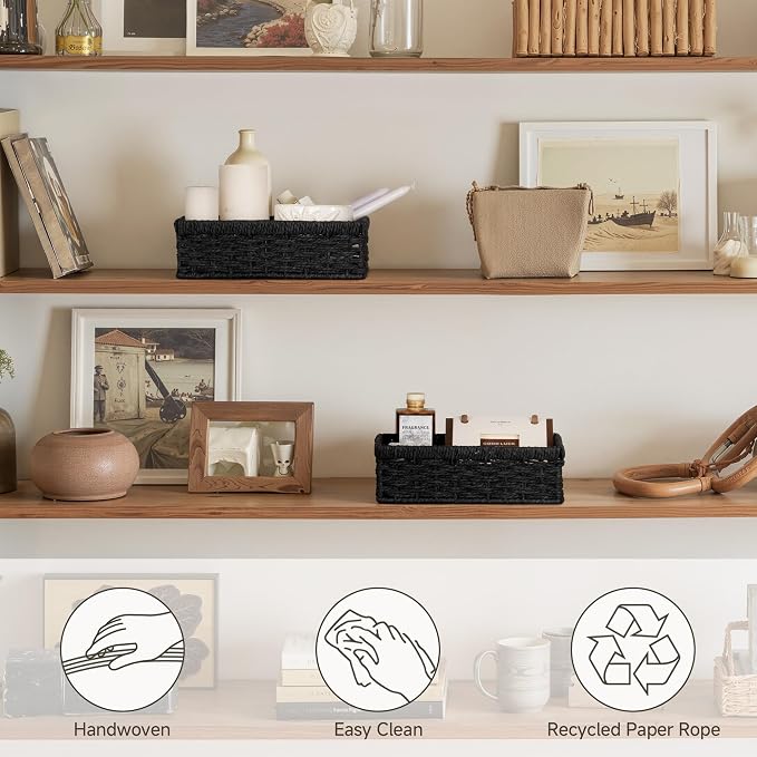 StorageWorks Wicker Baskets for Organizing, Paper Rope Black Baskets,2-Pack | Black Wicker Basket, Black Storage Basket, Woven Baskets for Storage, Small Baskets for Organizing, Wicker Storage Baskets