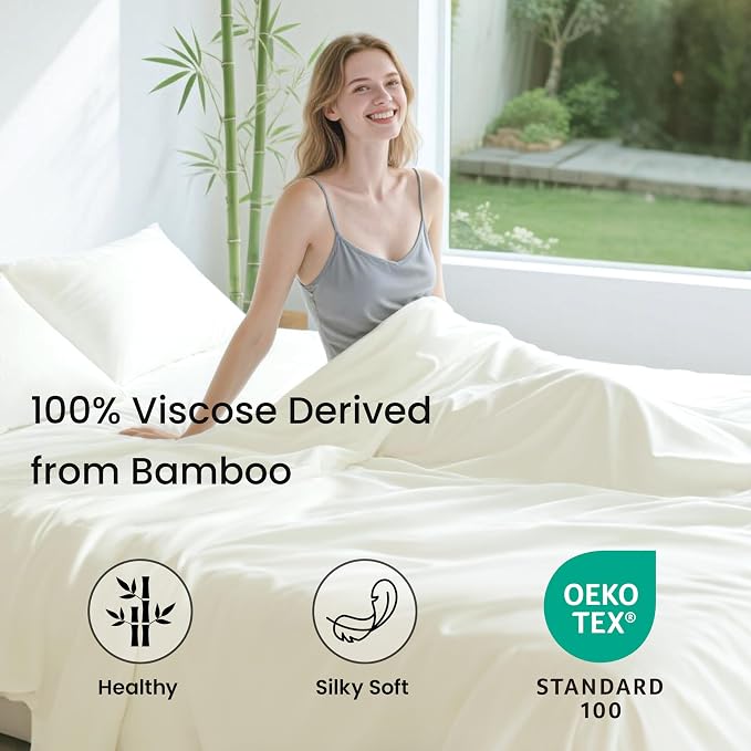 Love's cabin 3 Piece Twin Sheet Set, 100% Rayon Derived from Bamboo, Cooling & Breathable, Soft Silky Deep Pocket up to 16", Hotel Luxury Bedding for Hot Sleepers, Ivory