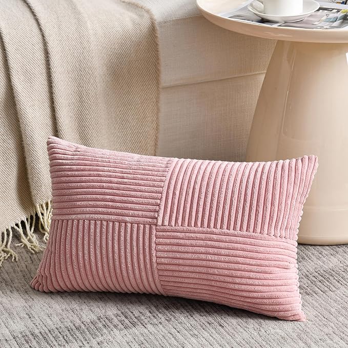 Fancy Homi 2 Packs Blush Pink Lumbar Decorative Throw Pillow Covers 14x22 Inch for Living Room Couch Bed, Rustic Farmhouse Boho Home Decor, Soft Striped Corduroy Rectangle Accent Cushion Case 35x55 cm