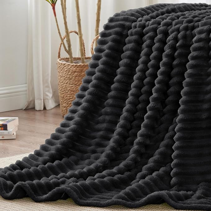 BEDELITE Ribbe Blankets Queen Size for Bed, Black, 90"x90" | Ultra-Soft Plush Fleece, Warm Yet Lightweight, Ribbed Texture, Home Decor, Machine Washable, Giftable, All-Season Use