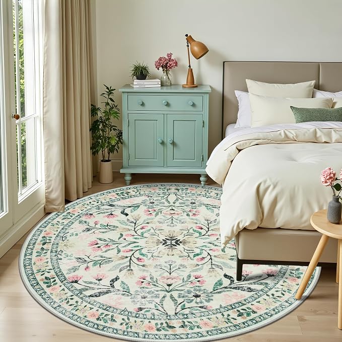 PLHXFR Round Area Rug Living Room: 8 ft Floral Washable Carpet Green Beige | For Bedroom Dining Room Farmhouse Nursery Hallway,Vintage Floral,Machine washable,Non Slip,Stain Resistant,Large Indoor