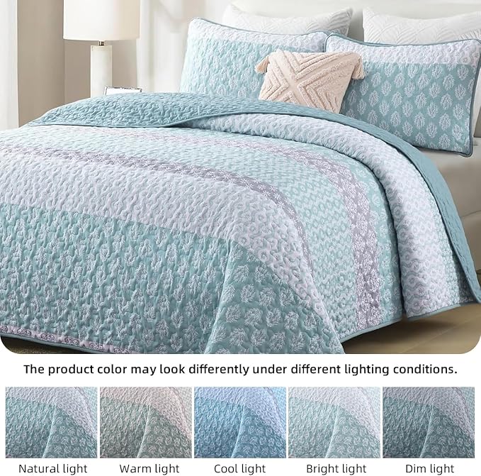 Cottolester Boho Full Size Quilt Set,Teal Striped Bedspread Bedding | Soft Microfiber Coverlet,Breathable All-Season,Machine Washable,3-Piece Set,Fits King 90"x78",Cozy Essential for Men Women
