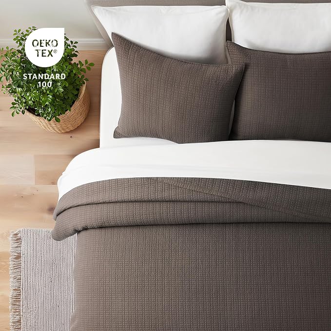 EverGrace 100% Cotton Modern Grid Stitch Quilt Set, Queen Size, Dark Brown | Pre-Washed Cotton Coverlet Bedspread, Oversized Lightweight 3-Piece Bedding Set for All Season, with 2 Pillow Shams