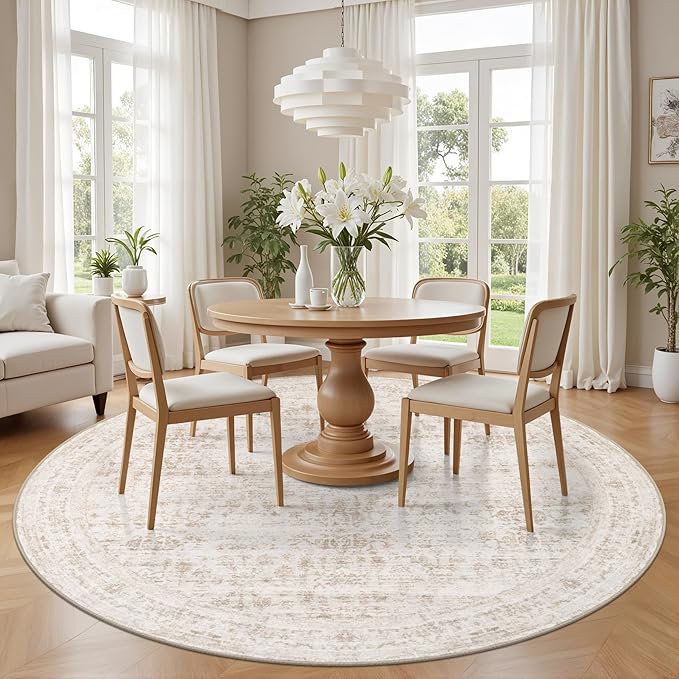 Round Area Rug for Living Room: 4ft Boho Washable Rug Beige Brown | Vintage Boho Soft Round Rug Indoor Floor No Slip Carpet Stain Resistant Rugs for Bedroom Dining Room Nursery Home Office