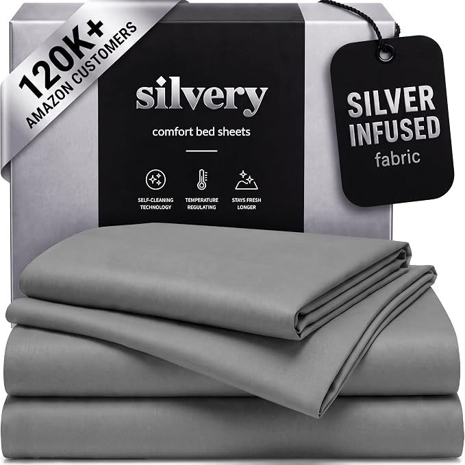 Silvery Silver Infused Bed Sheets Set - Ultra-Soft Temperature-Regulating Fabric with Self-Cleaning Technology™ that Stays Fresh 3X Longer for Hygienic Sleep