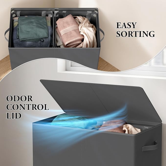 Simple Houseware Double Laundry Hamper with Lid & Removable Bags, Dark Gray | Heavy Duty 600D Polyester, Water-Resistant Surface