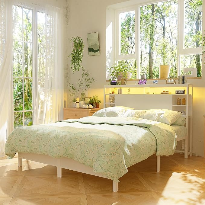 Unikito Queen Size Headboard with Storage, Headboards with Power Outlets and RGB LED Lights, Sturdy Head Board for Queen Size Bed, Stable Headboard Only for Bedroom, Dorm Room, Guest Room, White
