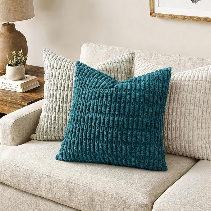 MIULEE Corduroy Decorative Throw Pillow Covers 16x16 Teal Pack of 2 | Soft Boho Striped Pillow Covers Modern Farmhouse Coastal Home Decor For Sofa Living Room Couch Bed
