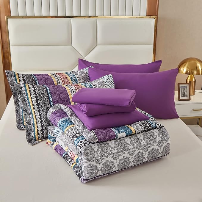 Cottolester Boho Comforter Set Full Size 8 Piece Bed in a Bag Bohemian Striped Bedding Quilt Set Purple Paisley Floral Comforter and Sheet Set,Soft Microfiber Complete Bedding Sets for All Season