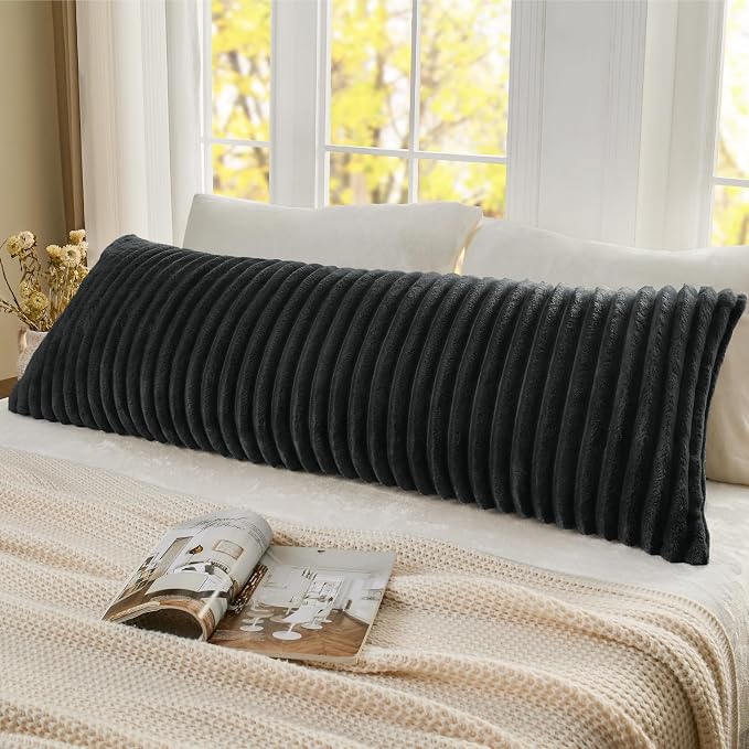 BEDELITE Fluffy Striped Body Pillow Cover with Zipper, Black, 20x54 | Ultra-soft Faux Fur with 4D Striped Texture, Comfy, Plush, and Cloud-like, Body Pillow Pillowcase for Bed Couch Room Decor