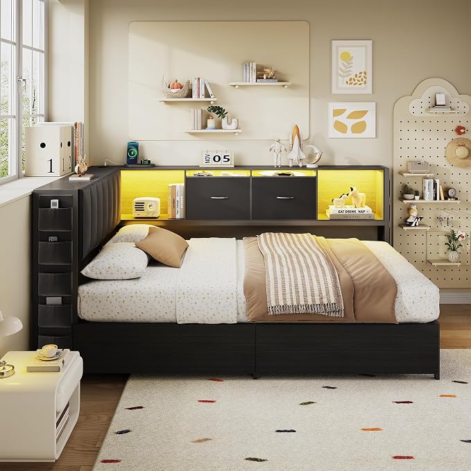 MapleGrace Twin Corner Bed Frame with Upholstered Storage Headboard and Drawers, Metal Platform Bed Frame with LED Light and Charging Station, Twin Daybed for Living Room, Bedroom & Guest Room, Black