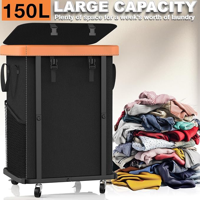 Laundry Hamper with Wheels,150L Leather Patchwork Clothes Hamper Black | Rolling Laundry Basket with Sturdy Metal Frame, Removable Washable Bag,Tall Clothes Sorter for Bedroom, Laundry Room, Dorm