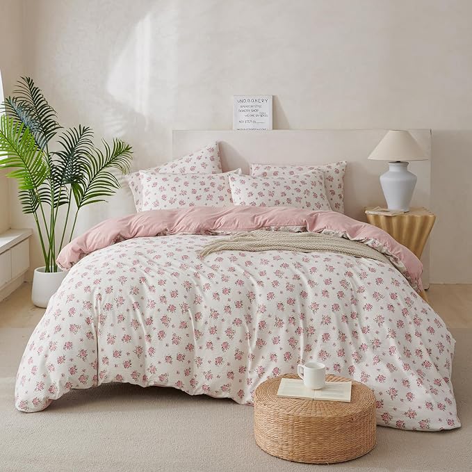 Flower King Comforter Set Soft 3 Pieces Chic Crinkle Gauze Fabric Garden Style Floral Print Botanical Comforter for All Seasons Luxury Warmth Comfy Breathable with 2 Pillowcases
