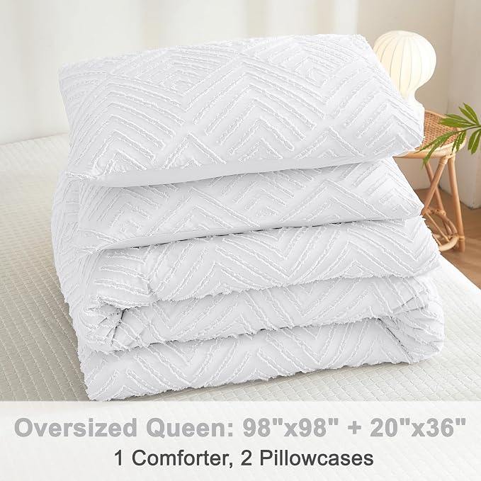 Litanika Oversized Queen Comforter Set, 3 Pcs White Tufted Boho Bedding Set | Farmhouse Shabby Chic Vintage Bohemian Textured Aesthetic Soft Fluffy Lightweight Breathable All Season Bed Set